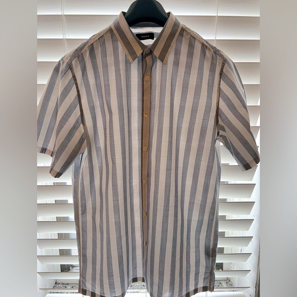Theory Men’s striped short sleeve button up shirt .